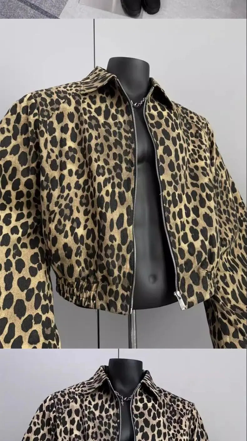 Riolio American Retro Leopard Print Jacket Men's Korean Style Style High-end Handsome Short Jacket Trendy High Street Style Denim Top