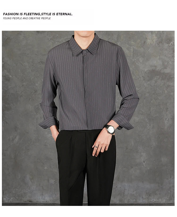 Riolio  New Naples Business Men Shirts Light Luxury Textured Lapel Striped Long Sleeve Cardigan Leisure Premium Commuter Blouse S-4XL