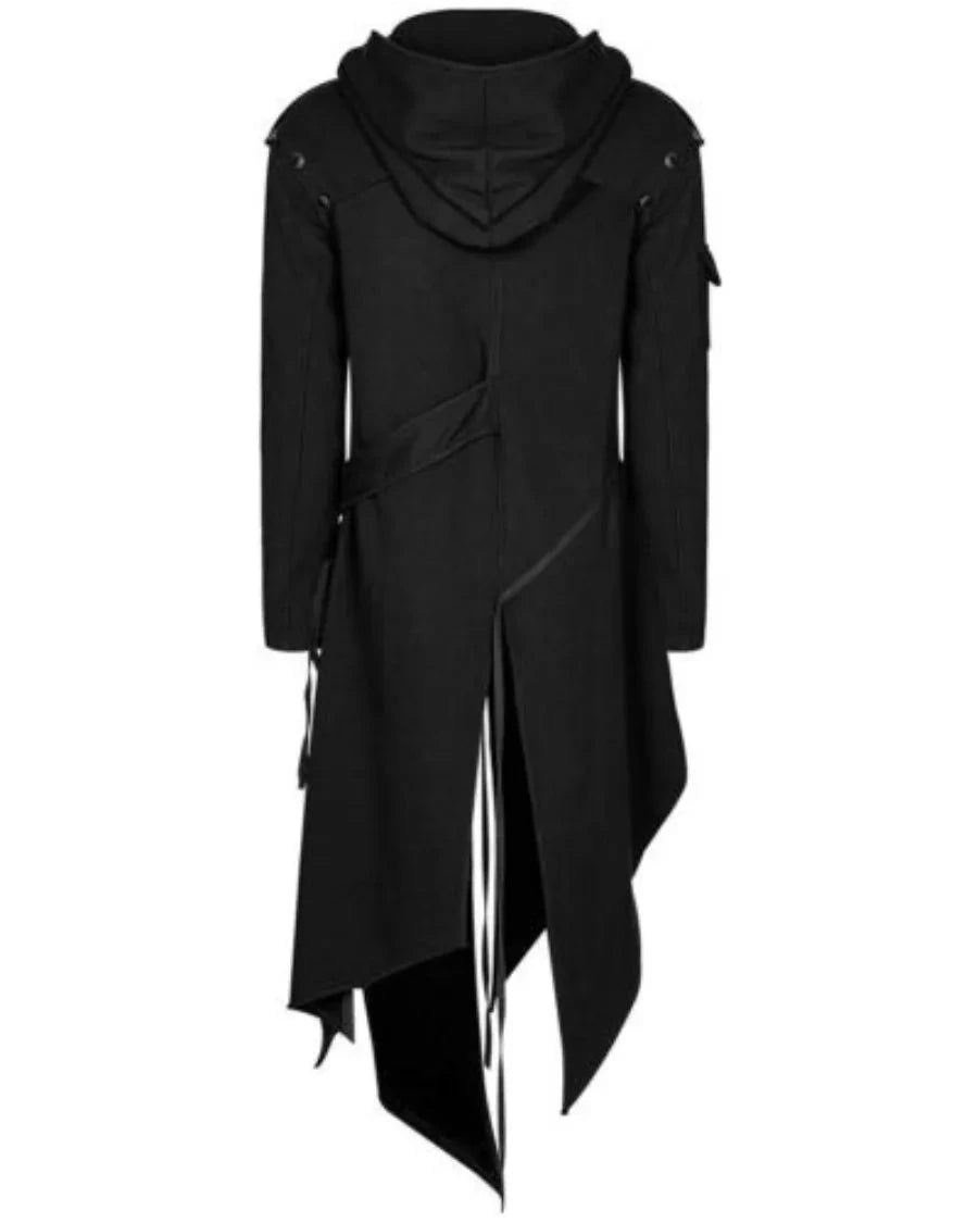 Riolio WELL DRESSED MEN New 2024 Men's Punk Style Irregular Trench Coats Black Gothic Long Hooded Jackets Halloween Man Cosplay Costume Large Size S-5XL