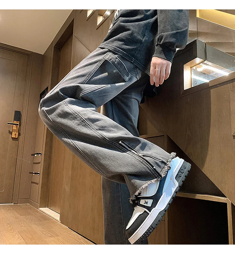 Riolio Men's jeans fashion Side Zipper Pants New Fashion men streetwear Jeans Loose Straight Denim Pant Mens  jeans homme hip hop