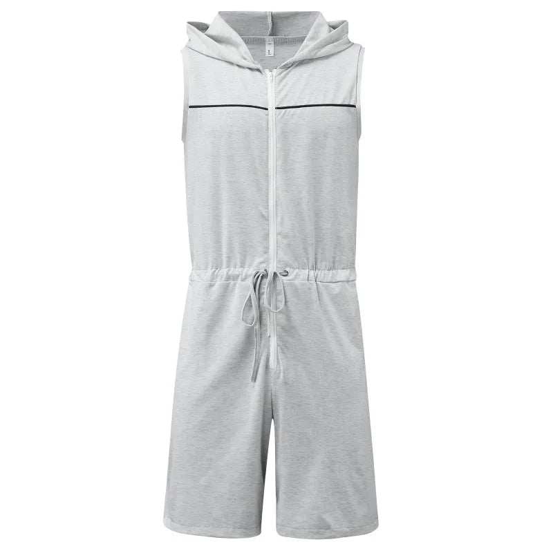 Riolio Men Short Jumpsuit Tight Sleeveless Bodysuit Zipper Hooded Rompers Short Pants Casual Home Wear Tracksuit Pajamas