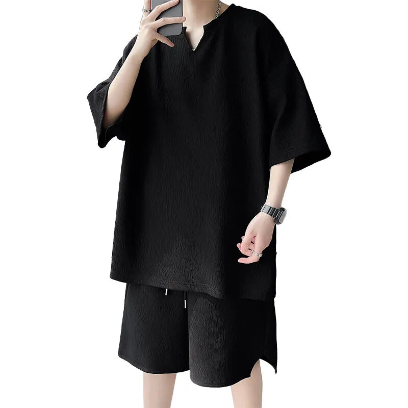 Riolio Summer Set Men Fashion Black White Casual Set Men Streetwear Pleated Sets Mens Short Sleeved T-shirt Shorts Set Man Sets