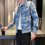 Riolio Fashion Floral Print Denim Jacket Men's Distressed Coat Streetwear slim fit Long Sleeve Jackets Korean Bomber Jeans Jacket