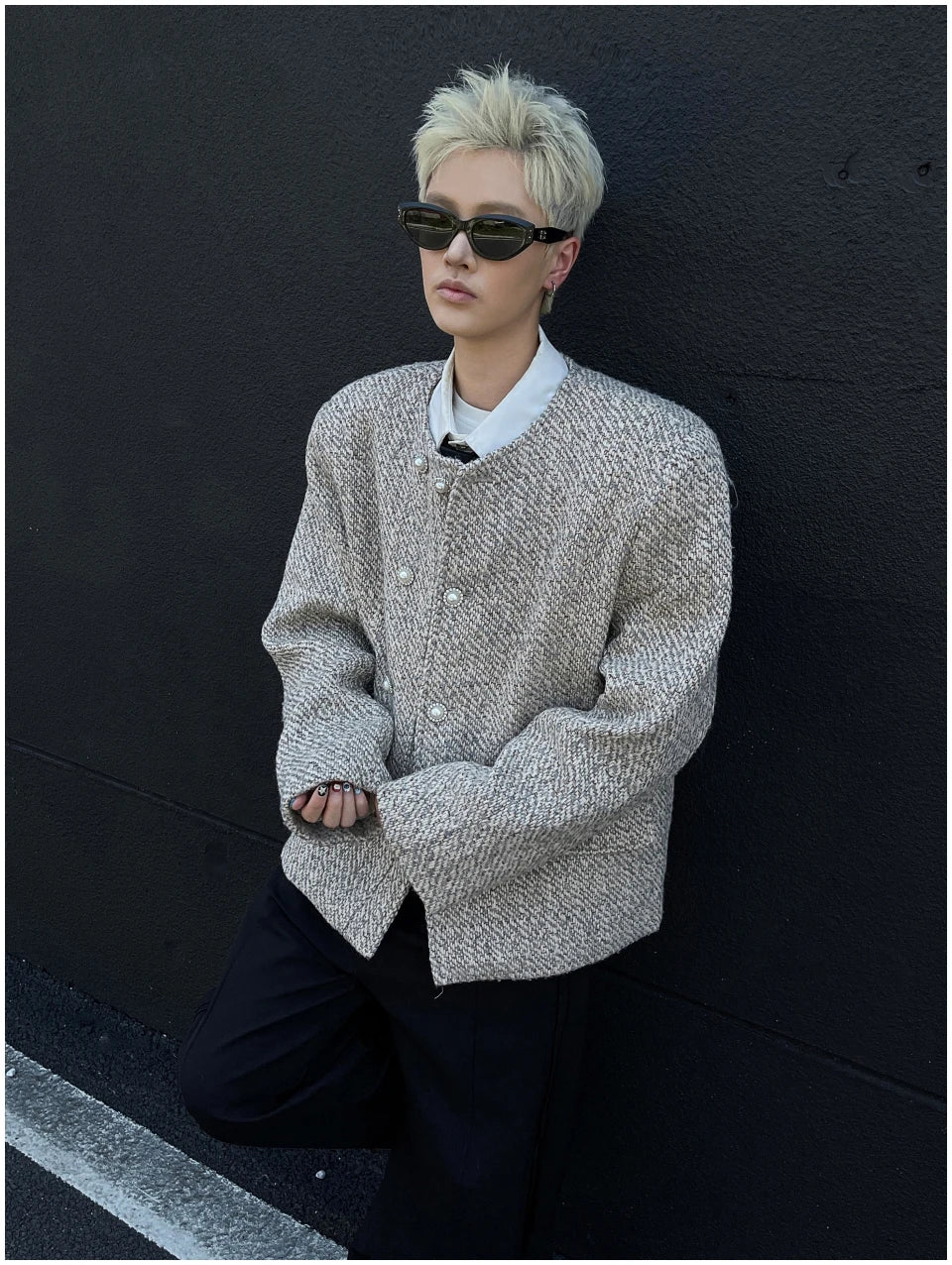 Riolio Male Elegant O-neck Blazer Coat High-end Shoulder Pad Collarless Jacket American Autumn Button Short Suit Jacket Handsome Top