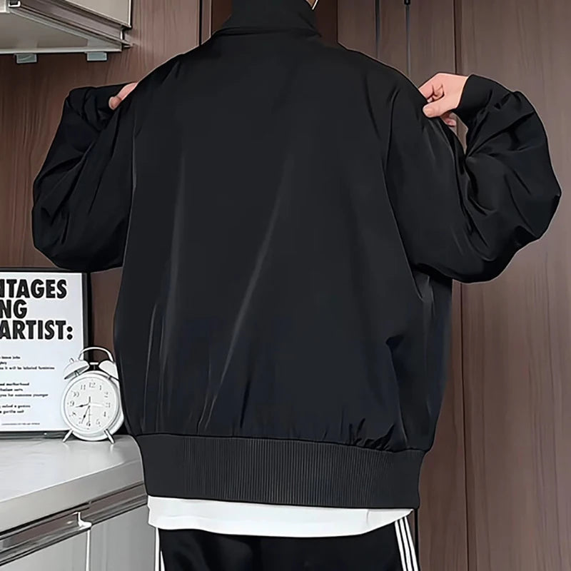 Riolio Black Mens Stand Collar Loose Fit Outdoor Spring Biker Jacket Casual Windbreaker Motorcycle Streetwear Trendy Daily Wear Coat