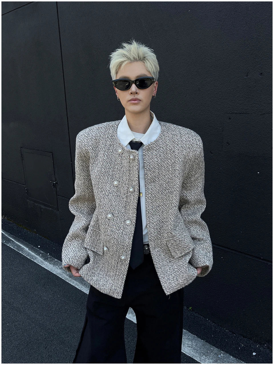 Riolio Male Elegant O-neck Blazer Coat High-end Shoulder Pad Collarless Jacket American Autumn Button Short Suit Jacket Handsome Top