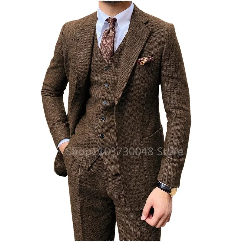 Riolio 3 Piece Grey/Brown Mens Tweed Herringbone Wedding Suit Prom Tuxedos  Peak Lapel Tweed for Business Slim Fit (Blazer+Vest+Pants)