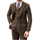 Riolio 3 Piece Grey/Brown Mens Tweed Herringbone Wedding Suit Prom Tuxedos  Peak Lapel Tweed for Business Slim Fit (Blazer+Vest+Pants)