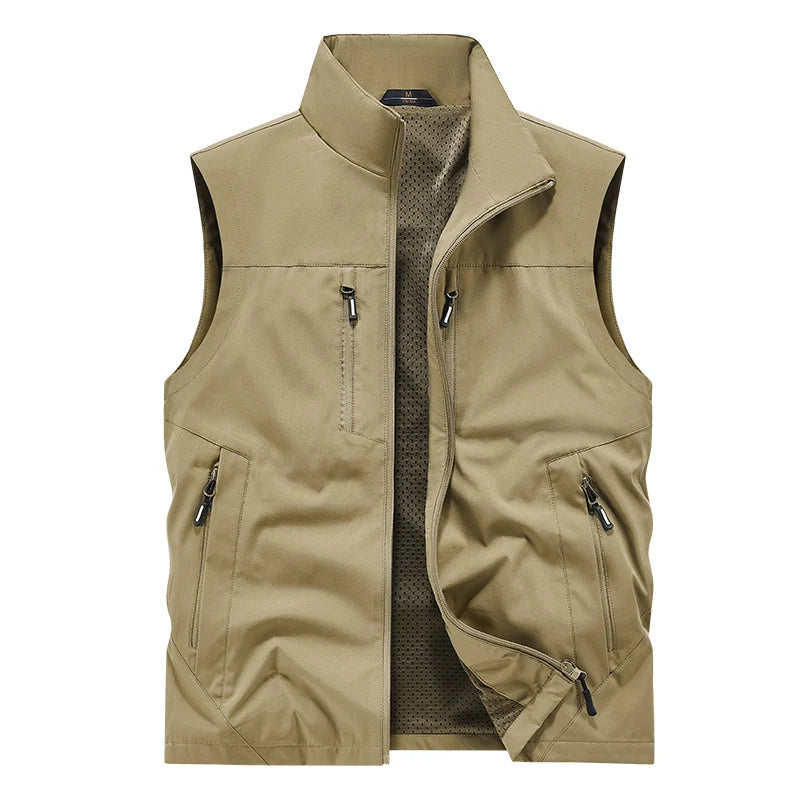 Riolio Summer Vest Jacket Waistcoats Male Breathable Men's Multi-pocket Fishing Photography New Vest Men's Thin Stand-up Collar Vest