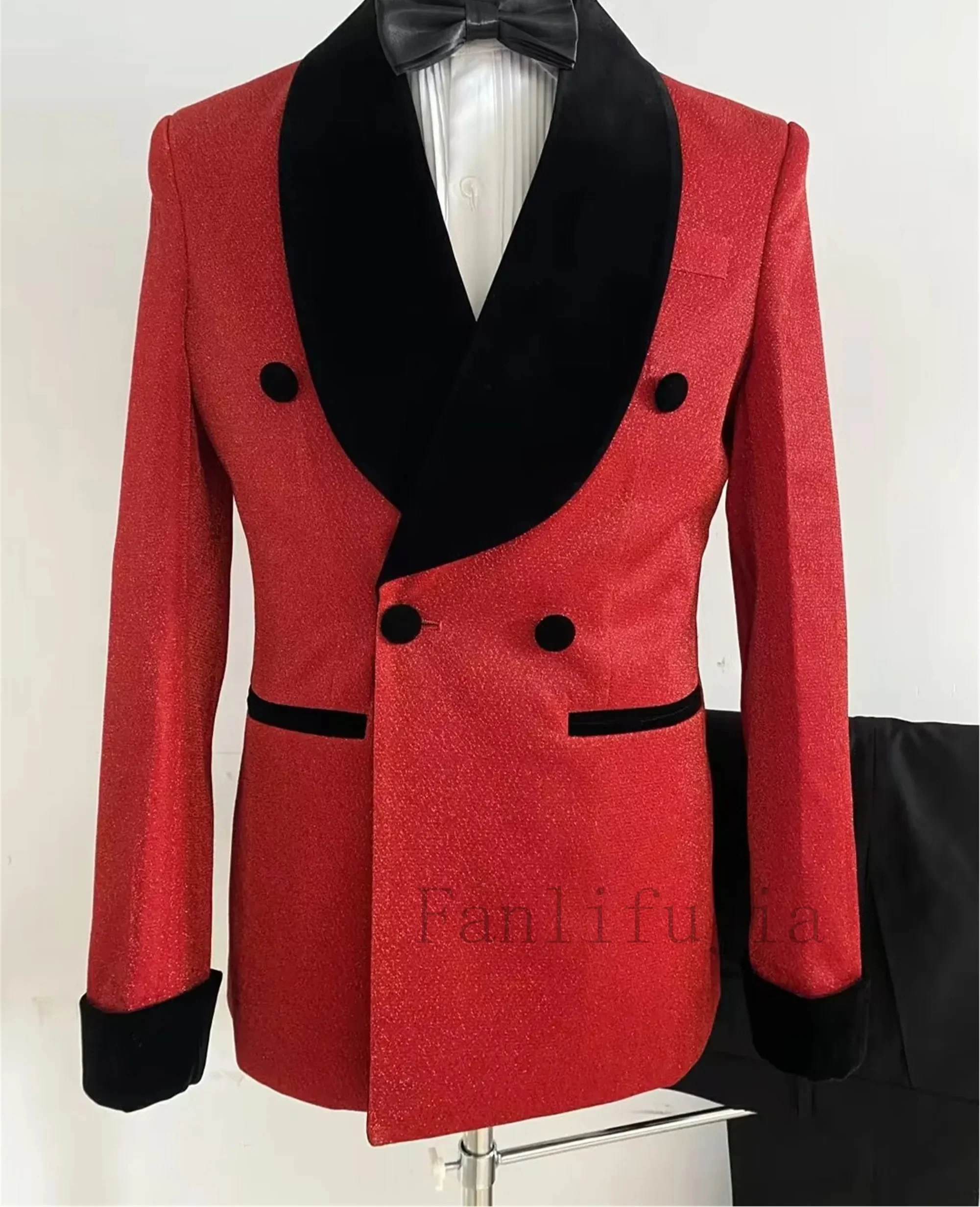 Riolio Luxury Red Glitter Suits Men Groom Wedding Tuxedo Double Breasted Blazer Formal Evening Party Prom Dress 2 Pieces Set