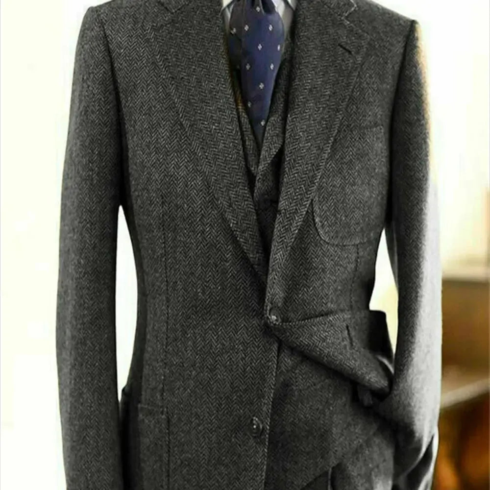 Riolio Regular Brown Mens Suits Slim Fit Herringbone Tweed Wool Blend Check Wedding Tuxedos Classic 3 Pieces Trajes De Hombre Blazer