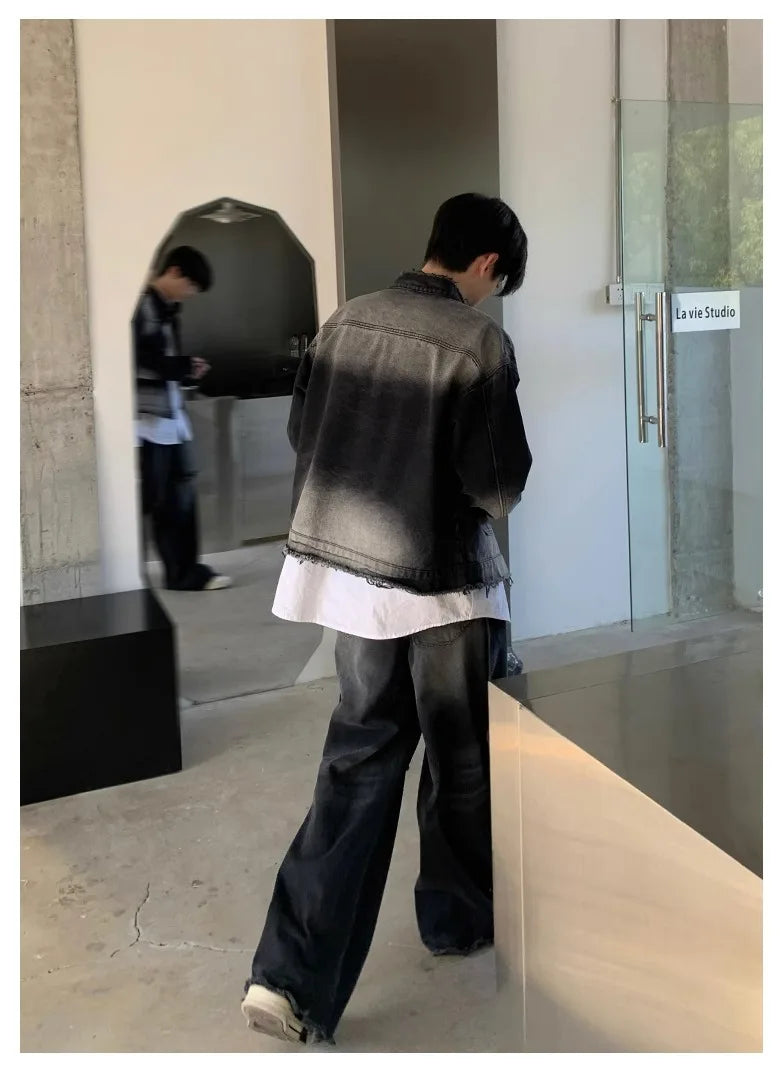 Riolio Autumn Denim Set Men Denim Jacket +Wide Leg Straight Jeans Casual Loose Solid Color Korean Style Street Stand Collar 2pcs Suit