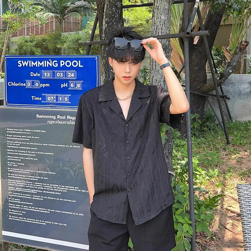 Riolio Summer Men's Clothing Light Luxury Jacquarded Suit Collar Shirts Streetwear Button-down Short Sleeve Retro Leisure Fashion M-3XL