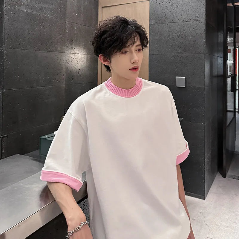 Riolio Men Loose Fit Round Neck Contrast Collar Tshirt Trendy Streetwear Casual Comfort Top Unique Style Summer Fashion Daily Wear