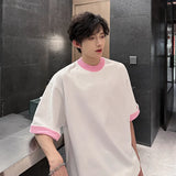 Riolio Men Loose Fit Round Neck Contrast Collar Tshirt Trendy Streetwear Casual Comfort Top Unique Style Summer Fashion Daily Wear