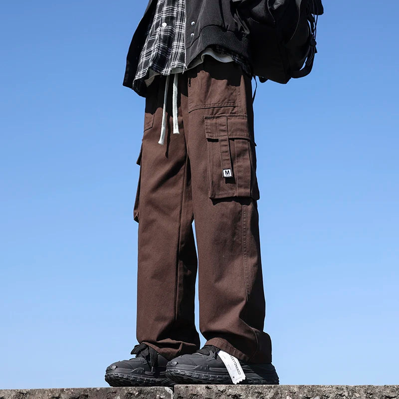 Riolio 6 Colors Men's 100% Cotton Cargo Casual Pants Baggy Straight Elastic Waist Comfortable Trousers Fashion Streetwear Male Clothes