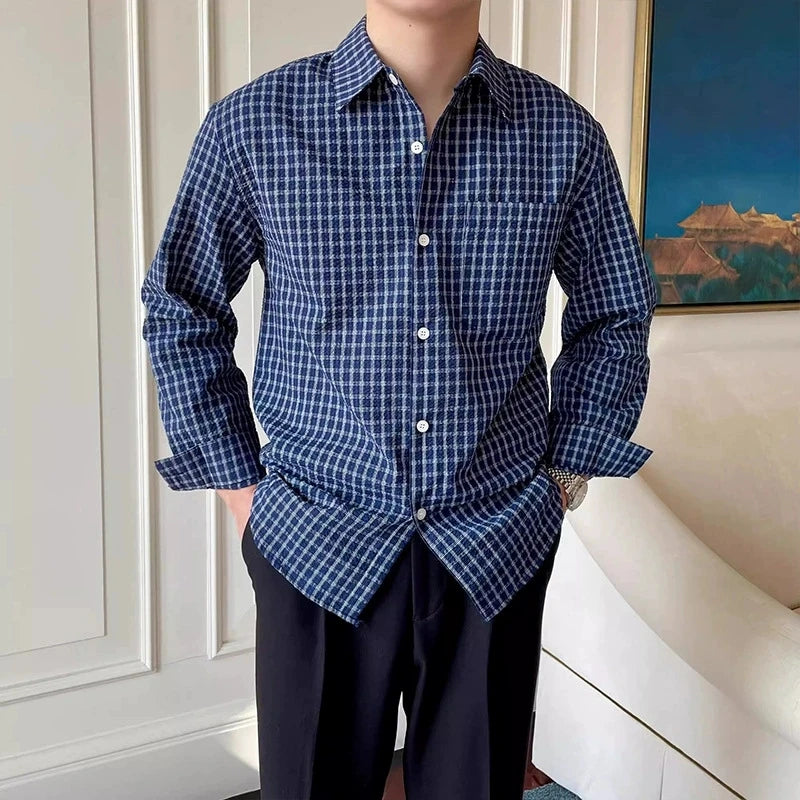 Riolio  New American Retro Men Shirts Light Luxury Textured Lapel Plaid Long Sleeve Cardigan Leisure Trendy Premium Check Blouse M-2XL