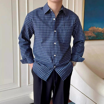 Riolio  New American Retro Men Shirts Light Luxury Textured Lapel Plaid Long Sleeve Cardigan Leisure Trendy Premium Check Blouse M-2XL