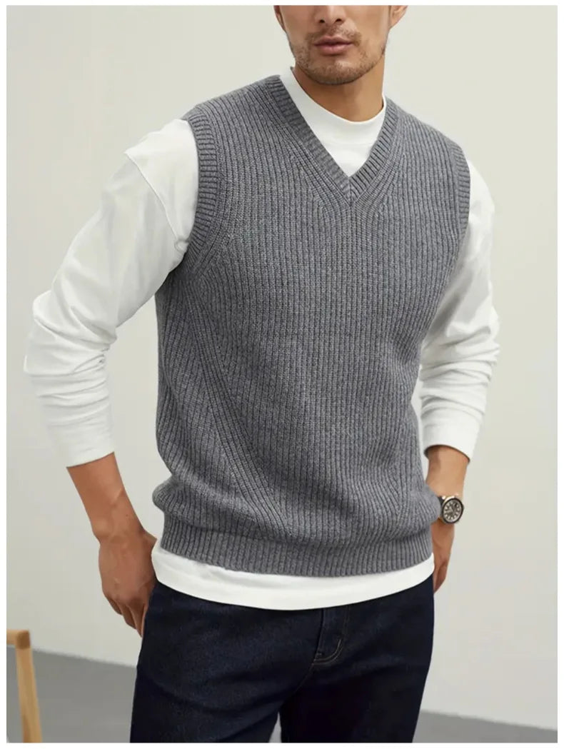 Riolio New Popular Preppy Style Men Sweater Vest Casual Knitted Streetwear Solid Color V Neck Waistcoat Leisure High Quality Knitwear