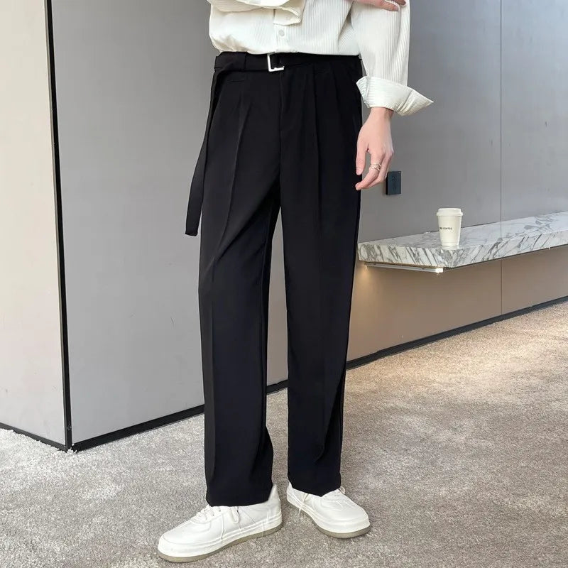 Riolio Men's Clothing Luxury Draped Baggy Belt Suit Pants Leisure Button-down Solid Color Straight Premium Elegant Dress Pants S-3XL