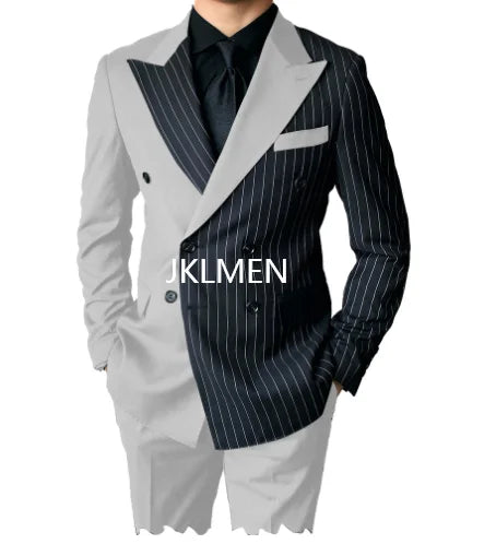 Riolio Men's Suits Blazer Autumn Striped Men Blazer Fashion Double  Jacket Coats 2pcs Casual Business Tuxedo Costume