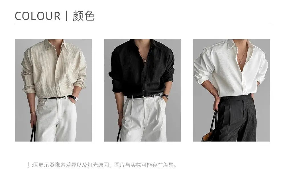 Riolio Lapel Pit Stripe Texture Long Sleeve Shirt Men's Casual Business Shirt High-end Drapery Light Versatile Top Male Blouse