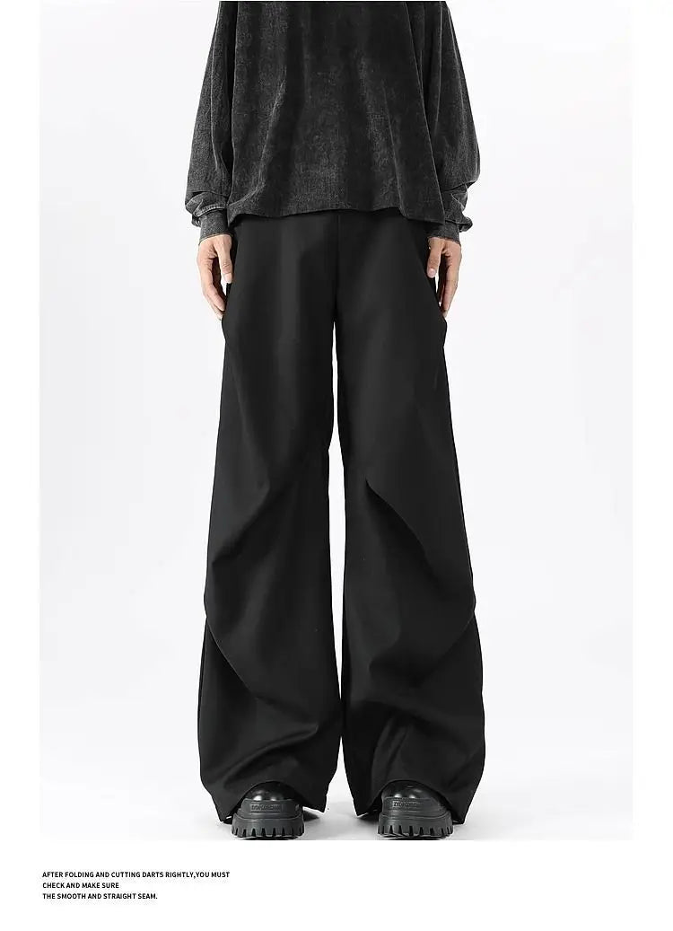 Riolio American High Street Pleated Pants Floor Mopping Micro Trumpet Black Trousers Luxury Sense Clean Fit Casual Curved Knife Pants