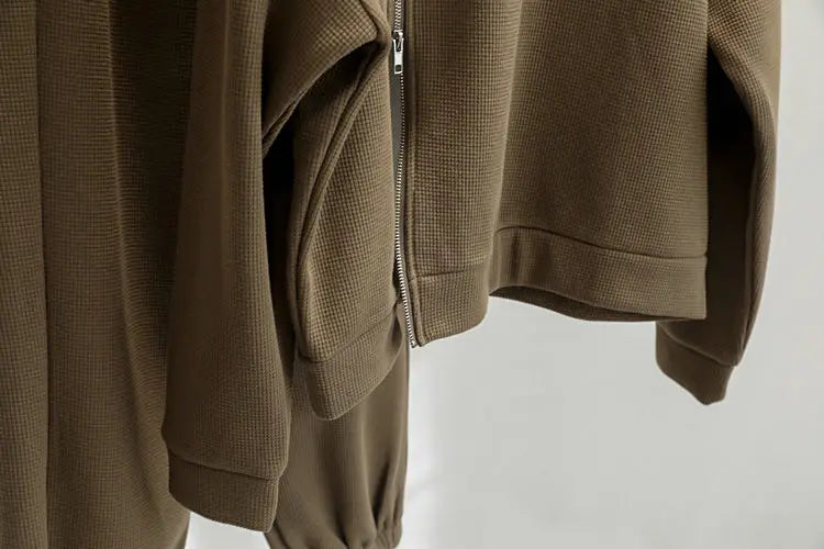 Riolio Korean Casual Sports Suit Large Size Plus Velvet Set Zipper Design Sports Sweatshirt Tying Trousers Casual Simple Two-piece Set