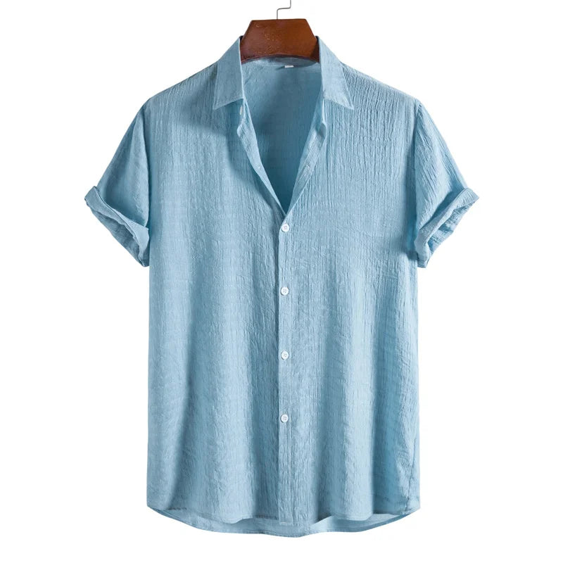 Riolio Shirts for Men Cotton And Linen Textured Short Sleeves Shirt Asymmetric Hem Streetwear Summer Solid Blouse Tops