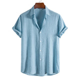 Riolio Shirts for Men Cotton And Linen Textured Short Sleeves Shirt Asymmetric Hem Streetwear Summer Solid Blouse Tops