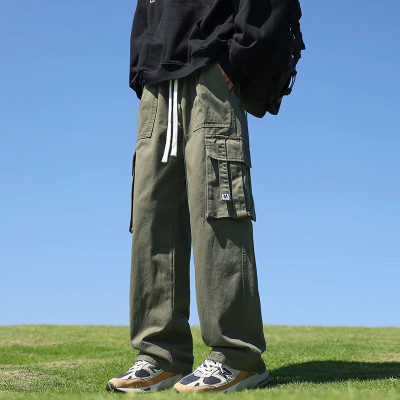 Riolio 6 Colors Men's 100% Cotton Cargo Casual Pants Baggy Straight Elastic Waist Comfortable Trousers Fashion Streetwear Male Clothes