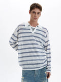 Riolio American Retro Striped Contrasting Color V-neck Long-sleeved Polo Shirt Men Women Loose Casual Bottoming Trendy Tops Aesthetic