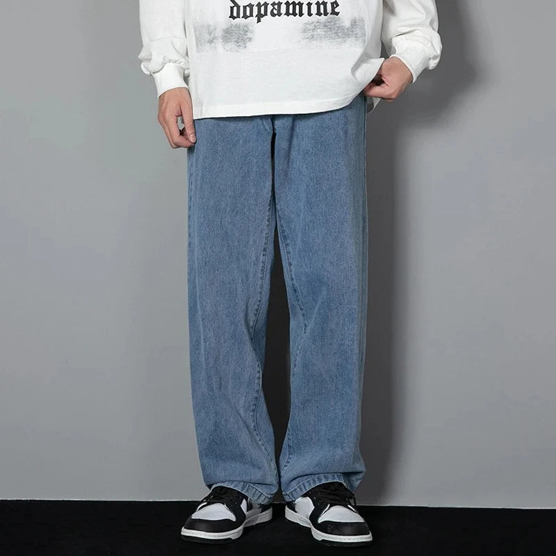 Riolio Men Simple Straight Leg Casual Jeans Male Baggy Korean Streetwear Denim Pants Basic Youth Popular Daily Wide Leg Denim Trousers