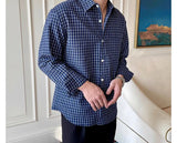 Riolio  New American Retro Men Shirts Light Luxury Textured Lapel Plaid Long Sleeve Cardigan Leisure Trendy Premium Check Blouse M-2XL