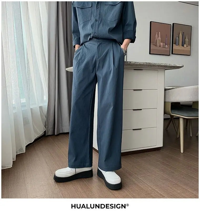 Riolio Men's Shirt Pants Set High-end Shirt Suit Trendy Spring Handsome Long-sleeved Top Loose Straight Trousers Two-piece Set