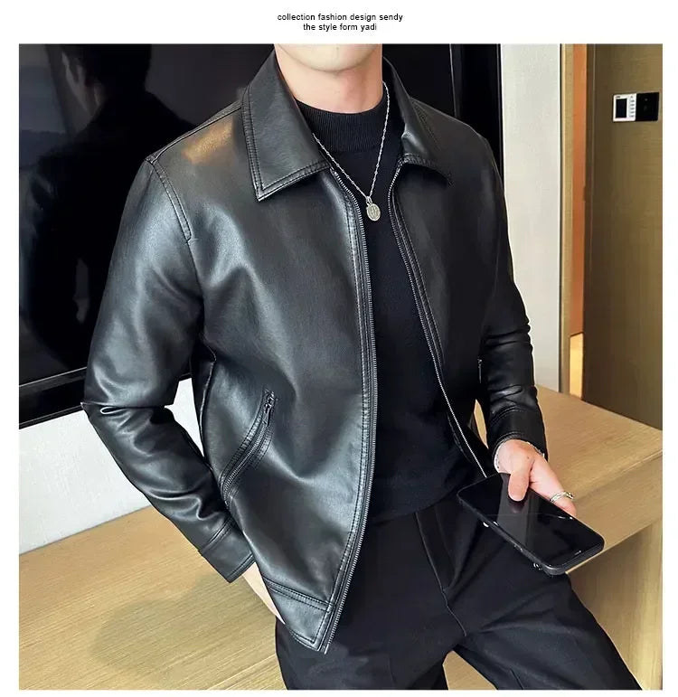 Riolio Windproof Stand Collar Zipper Cardigan Leather Jacket Motorcycle Leather Coat PU Leather Business Leather Jackets Men's Fashion