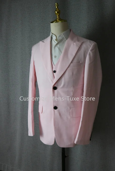 Riolio Pink Luxury Men's Suits Terno Formal Outfits 3 Piece Jacket Pants With Vest Slim Fit Luxury Costume Homme Formal Occasion Terno