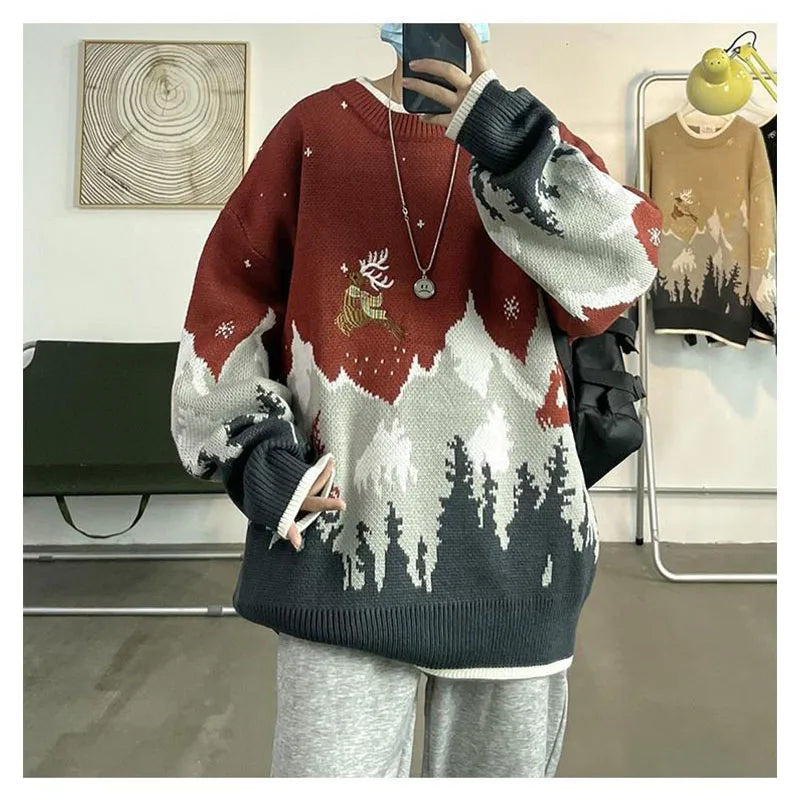 Riolio Christmas Sweater Funny Elk Harajuku Streetwear Men Women Sweaters Couple Autumn Winter Knitwear Pullover Warm Sweatshirt Men