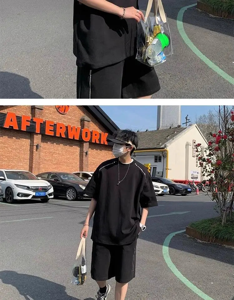 Riolio American Heavy Double Zipper Sports Suit Men's Summer Trendy Design Handsome Short-sleeved Shorts Casual Two-piece Set Urban