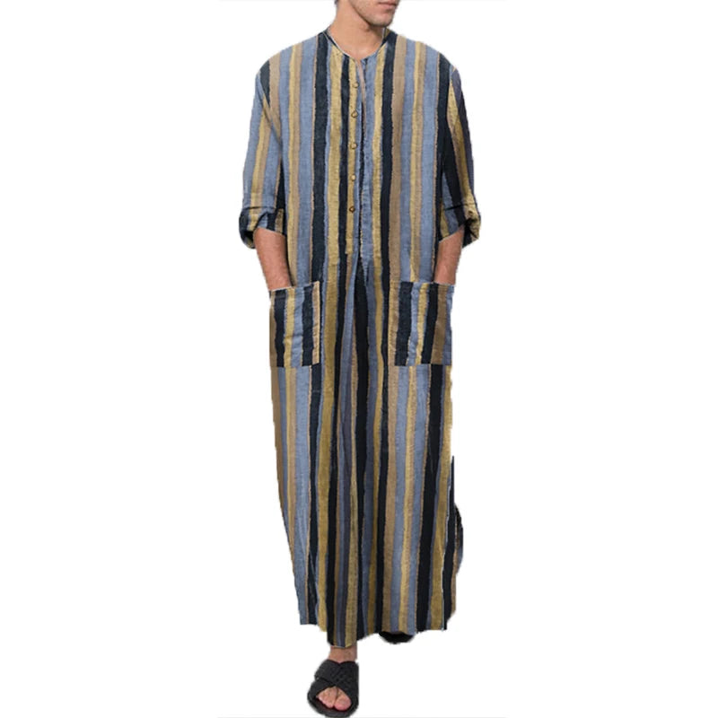 Riolio Men's Muslim Long Sleeve Cotton Striped Robes Islamic Arabian Kaftan Suit Middle East Dubai Abaya Retro Spring Clothing 2025 New