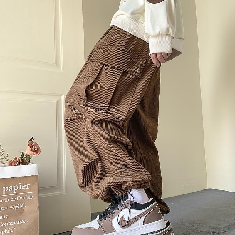 Riolio Corduroy Cargo Pants for Men Streetwear Black Cargo Trousers Male Joggers Hip Hop Green Black Japanese Pocket Korean
