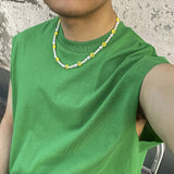 Riolio Boho Handmade Beaded Smiling Face Pearl Collar Clavicle Chain Fashion Imitation Pearl Necklace for Men Women Korean Jewelry