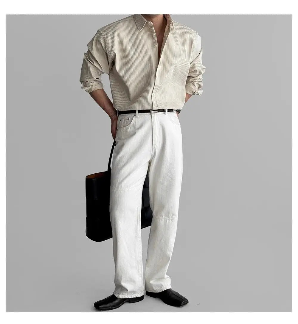 Riolio Lapel Pit Stripe Texture Long Sleeve Shirt Men's Casual Business Shirt High-end Drapery Light Versatile Top Male Blouse