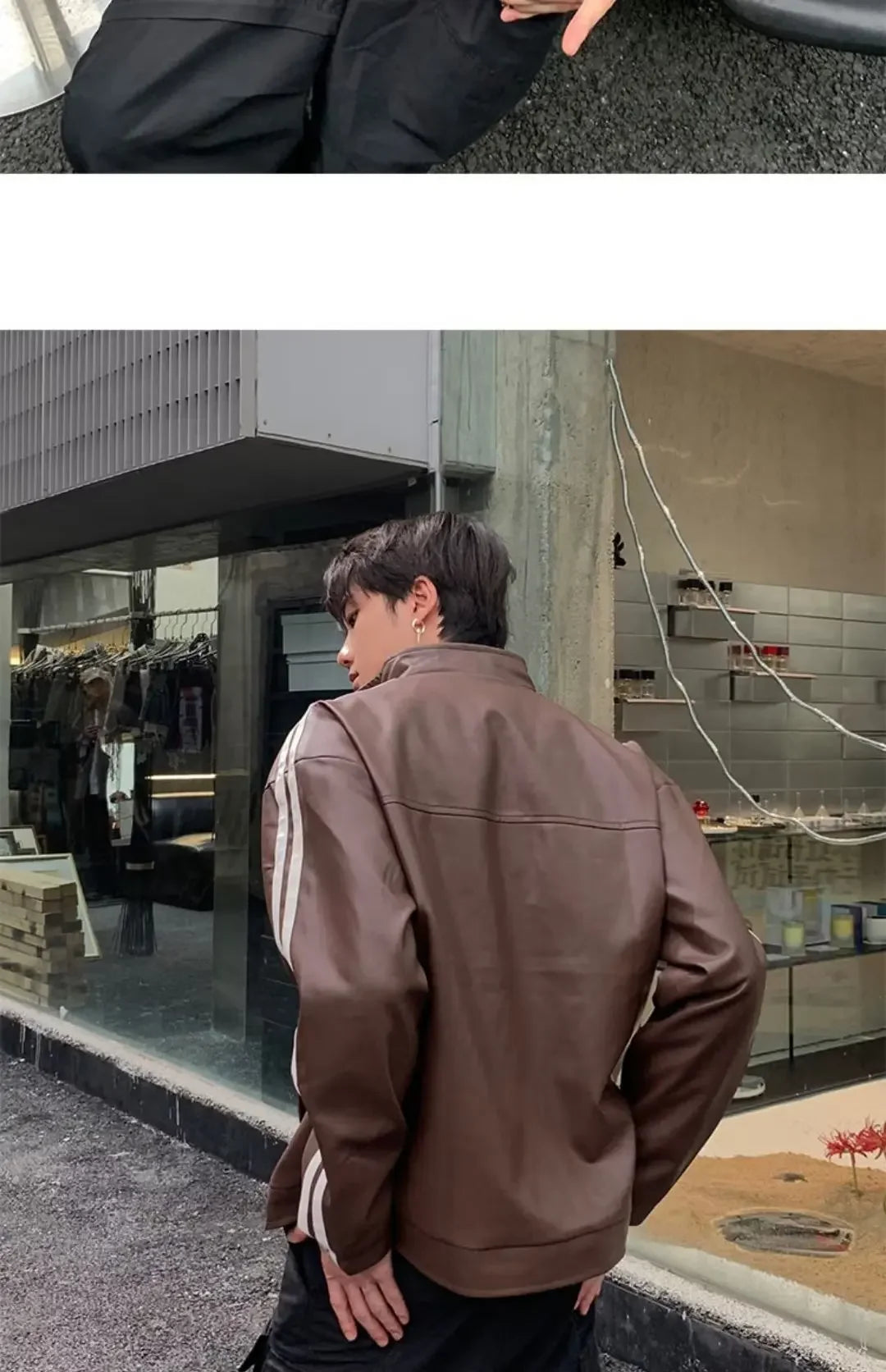 Riolio Retro Leather Jacket Men Women  American Patchwork Strip Racing Outerwear Loose Hip Hop Zippers Brown PU Coat Streetwear Spring