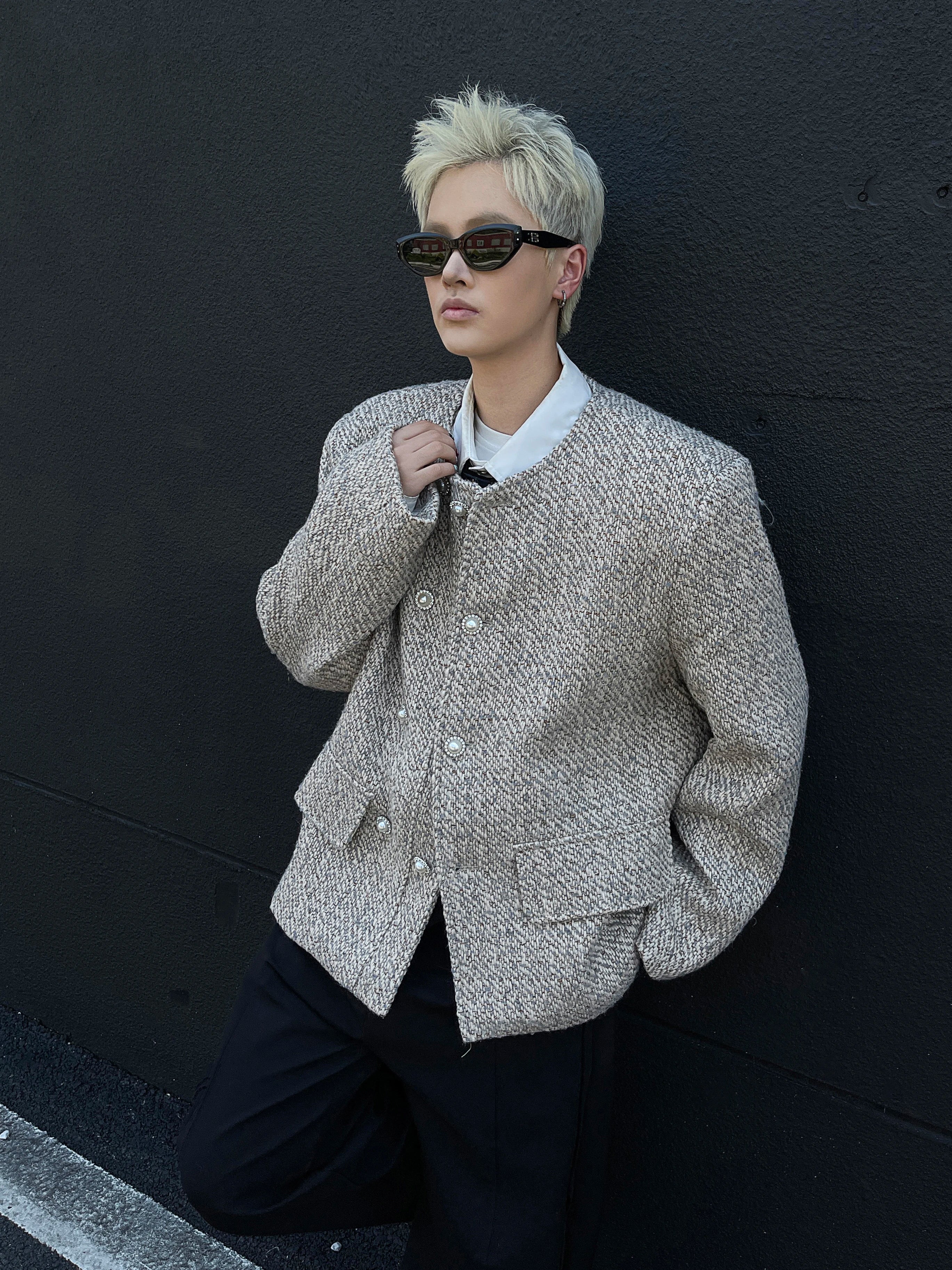 Riolio Male Elegant O-neck Blazer Coat High-end Shoulder Pad Collarless Jacket American Autumn Button Short Suit Jacket Handsome Top