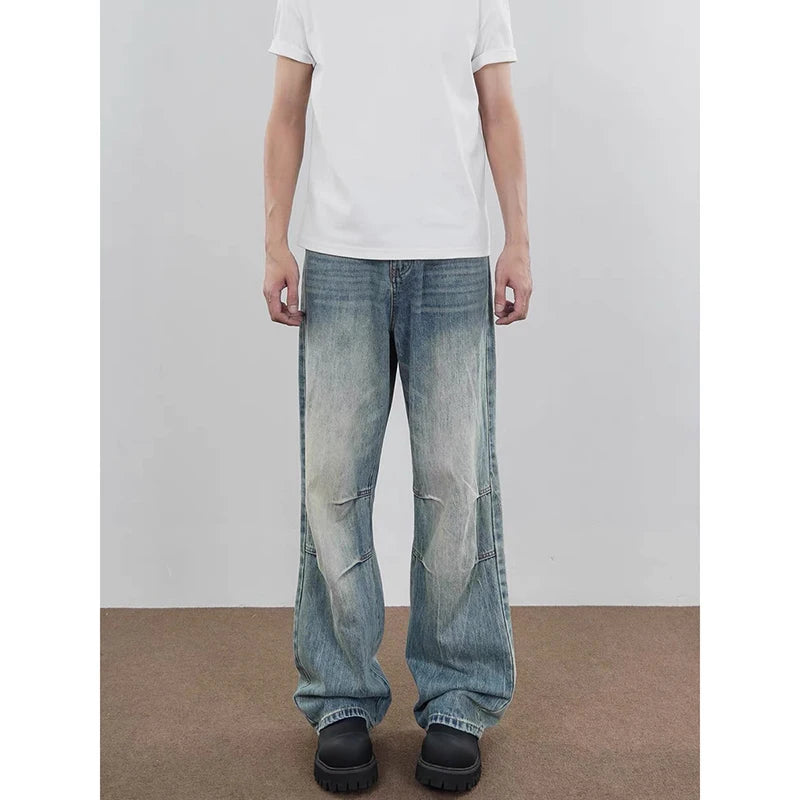 Riolio Blue Men Jeans High Waist Vintage 2000s Straight Baggy Denim Pants Streetwear Y2K American Style Fashion Wide Leg Denim Trouser