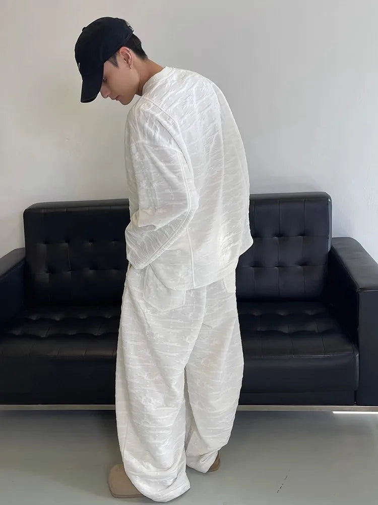 Riolio Kpop Tracksuit Retro Loose Three-dimensional Set Ethnic Jacquard Milk White Sports Suit American Casual High-end Wear