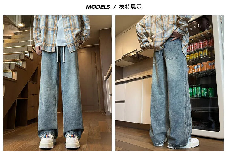 Riolio Jeans Men Denim Pants Elastic waist pull rope Straight Droop Vintage Loose Bottom Straight Wide Leg Casual Male Trouser