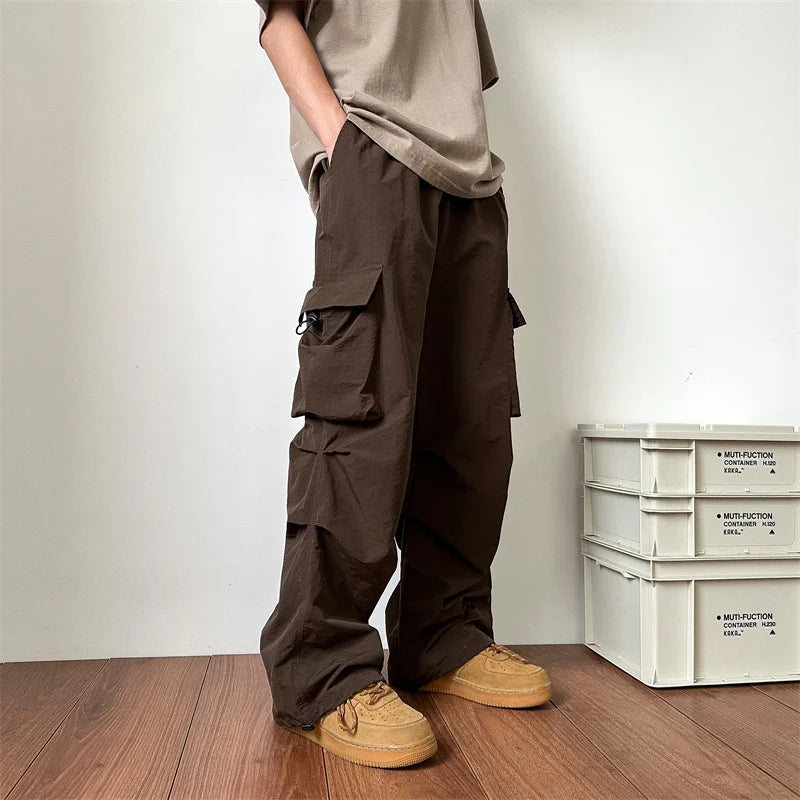 Riolio Summer Thin Pants Men Fashion Pocket Cargo Pants Men Japanese Streetwear Hip-hop Loose Straight Pants Mens Oversized Trousers