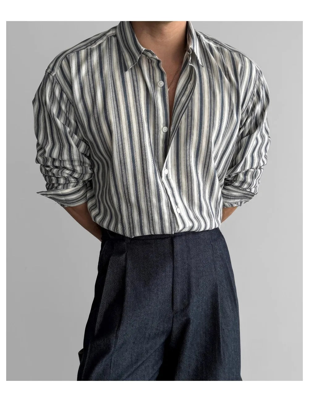 Riolio New Naples Business Men Shirts Light Luxury Textured Lapel Striped Long Sleeve Cardigan Leisure Premium Commuter Blouse M-2XL